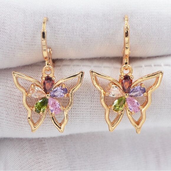 ☀️NEW☀️Gold Butterfly Earrings with Multicolor Gemstones - Picture 3 of 8